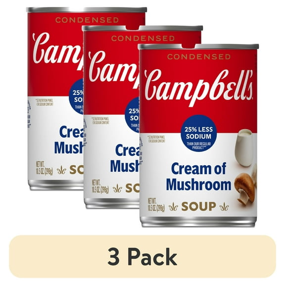 (3 pack) Campbell's Condensed 25% Less Sodium Cream of Mushroom Soup, 10.5 oz Can
