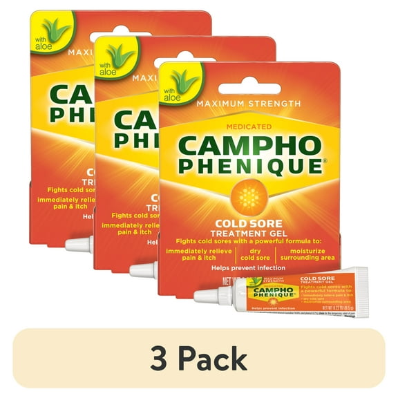 (3 pack) Campho Phenique Cold Sore and Fever Blister Treatment for Lips, Maximum Strength Provides Instant Relief, Original Gel Formula, 0.23 oz.