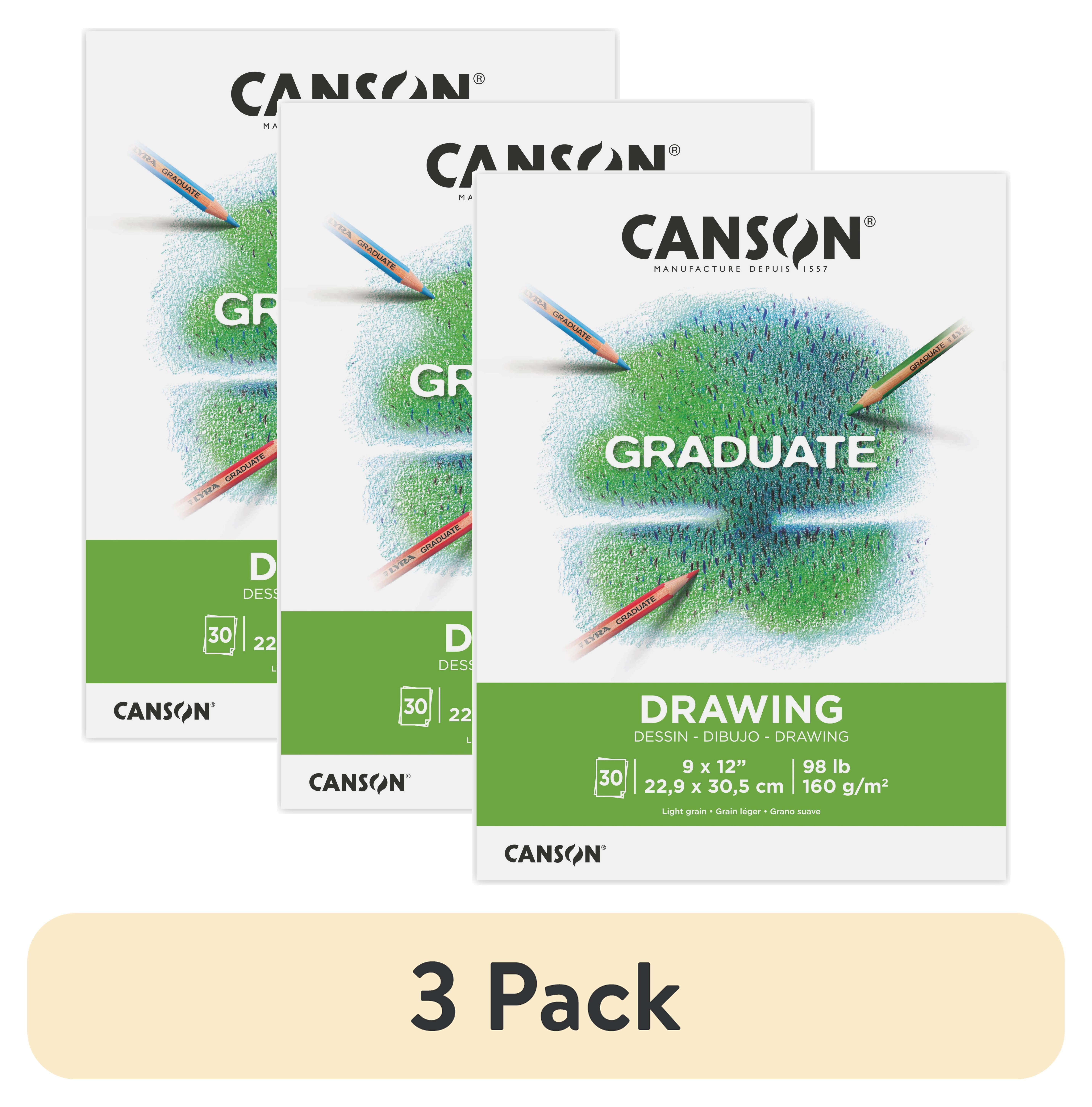 (3 pack) Canson Graduate Drawing Paper Pad, Foldover Binding, (98lb/160g), 30 Sheet, 9" x 12"