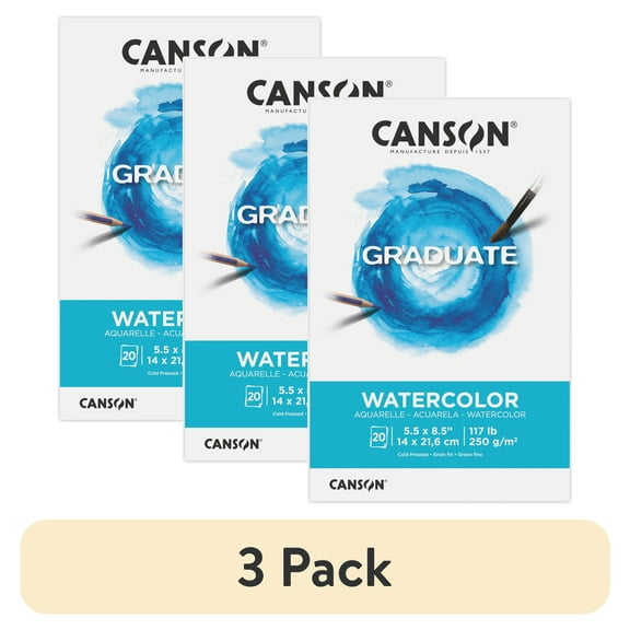 (3 pack) Canson Graduate Watercolor Paper Pad, Foldover Binding, (117lb/250g), 20 Sheet, 5.5" x 8.5"