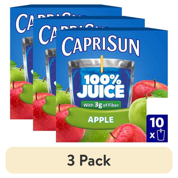 (3 pack) Capri Sun 100% Juice from Concentrate Juice Boxes, 10 Pouches, for School Lunches and On-the-Go Hydration, Apple with Added Ingredients, All Natural Ingredients, 6 oz