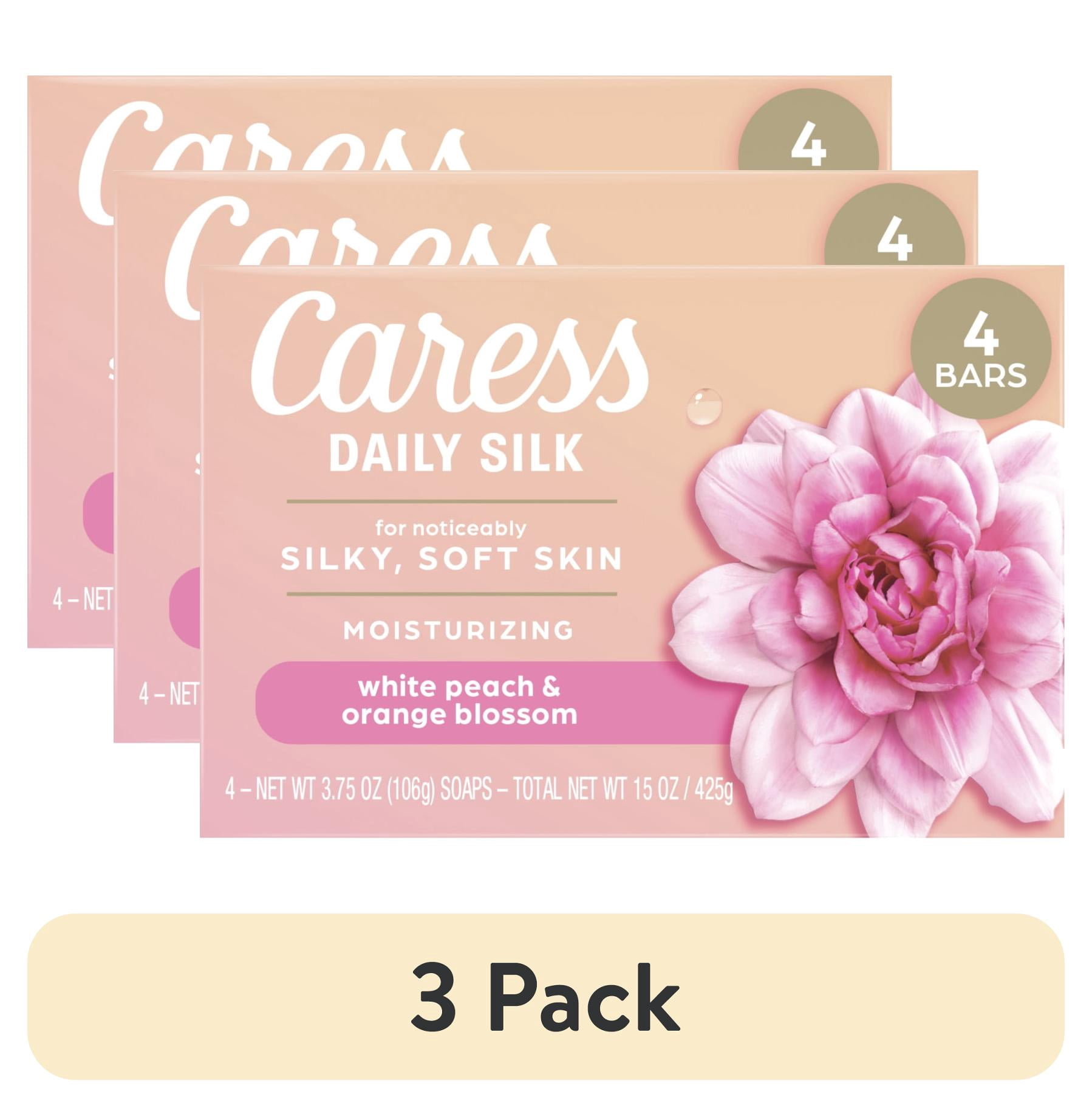 (3 pack) Caress Bar Soap for Women, Daily Silk White Peach & Orange Blossom for All Skin, 3.75 oz 4 Body Bath Bars