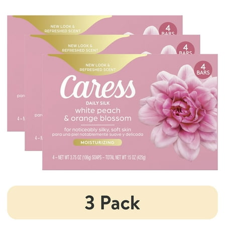 (3 pack) Caress Bar Soap for Women, Daily Silk White Peach & Orange Blossom for All Skin, 3.75 oz 4 Body Bath Bars
