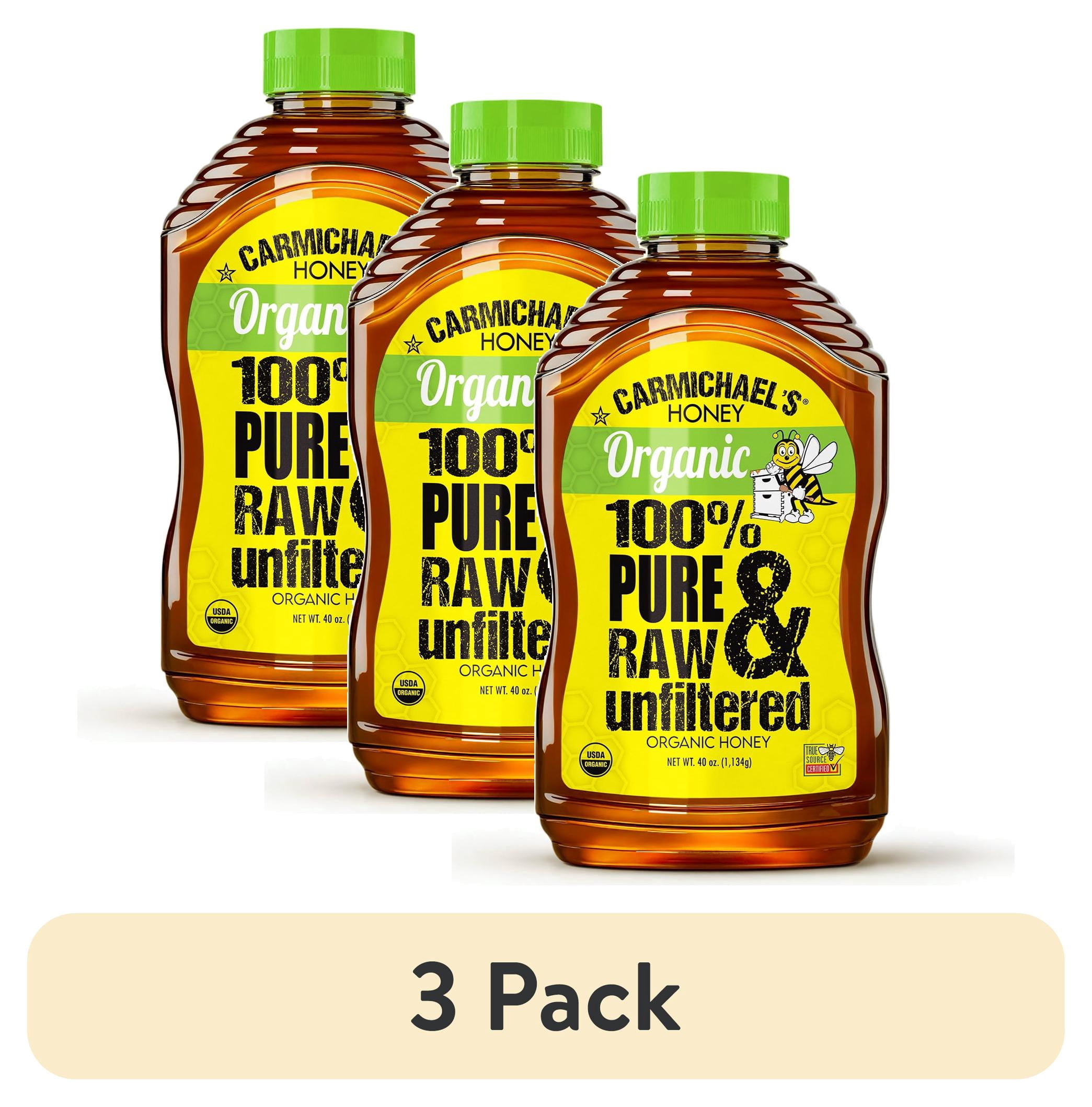 (3 pack) Carmichael’s Honey Organic Raw Unfiltered Honey, 40 oz Squeeze Bottle – 100% Organic for Tea, Toast, Baking, and Drizzling