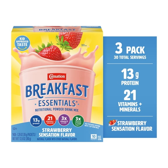 (3 pack) Carnation Breakfast Essentials Powder Protein Nutritional Shake Drink Mix Packets, Strawberry Sensation Breakfast Shake, 10 Count