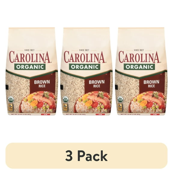 (3 pack) Carolina Organic Brown Long Grain Rice, Gluten Free, 2 lb Bag
