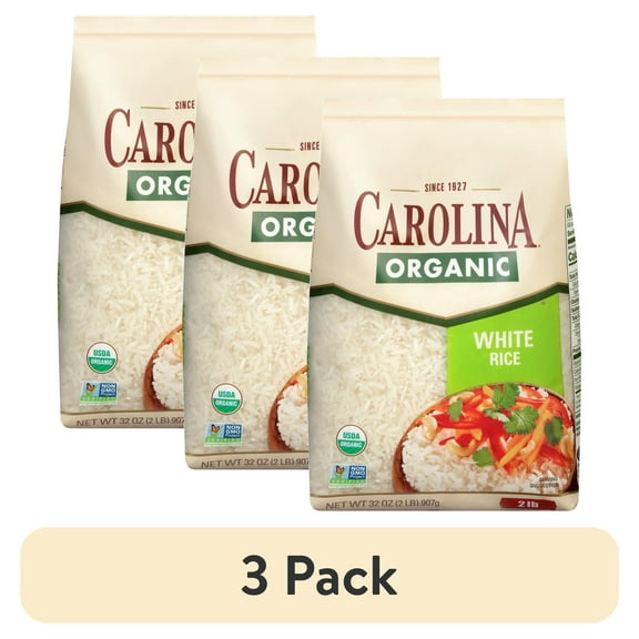 (3 pack) Carolina Organic White Rice, Long Grain, Gluten-Free, Non-GMO, 2 lb Bag