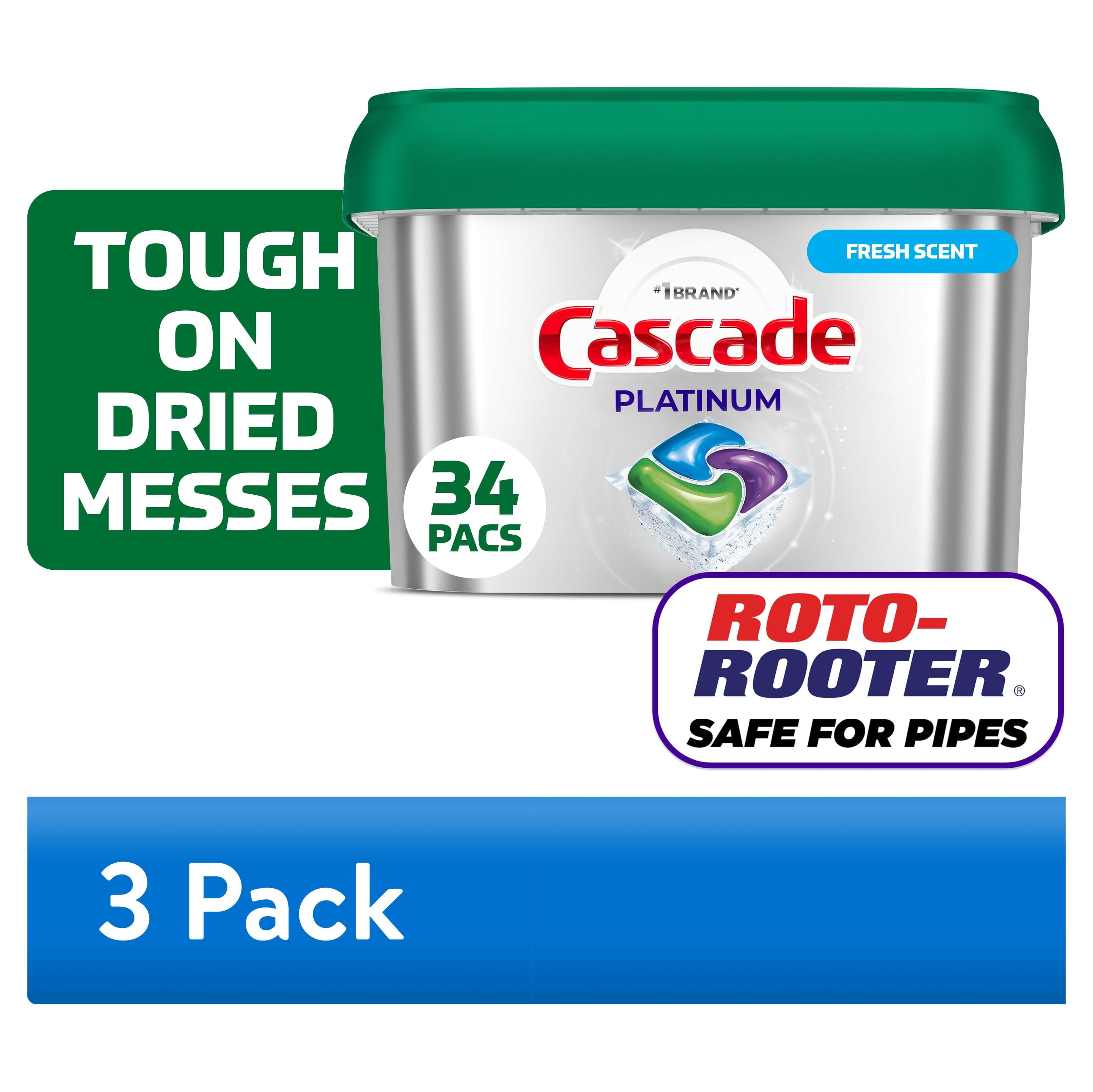 (3 pack) Cascade Platinum Dishwasher Pods, Dishwasher Detergent Soap Tabs, Fresh, 34 Count