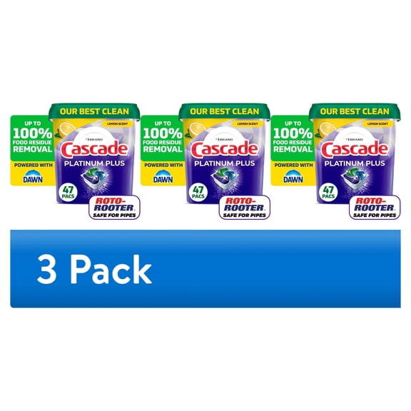 (3 pack) Cascade Platinum Plus Dishwasher Pods, Lemon, 47 Count