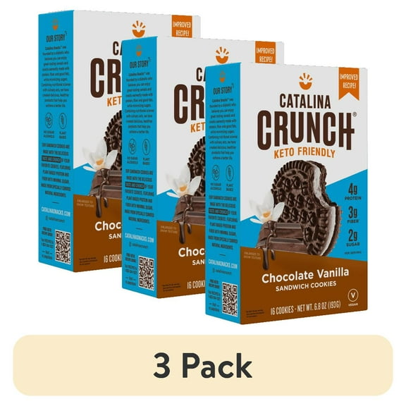 (3 pack) Catalina Crunch Chocolate Vanilla Keto Sandwich Cookies, 6.8 Ounces Shelf-Stable Box