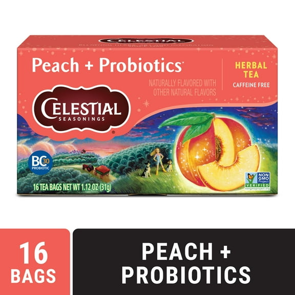 (3 pack) Celestial Seasonings Peach Probiotics Caffeine-Free Herbal Tea Bags (16 Count)