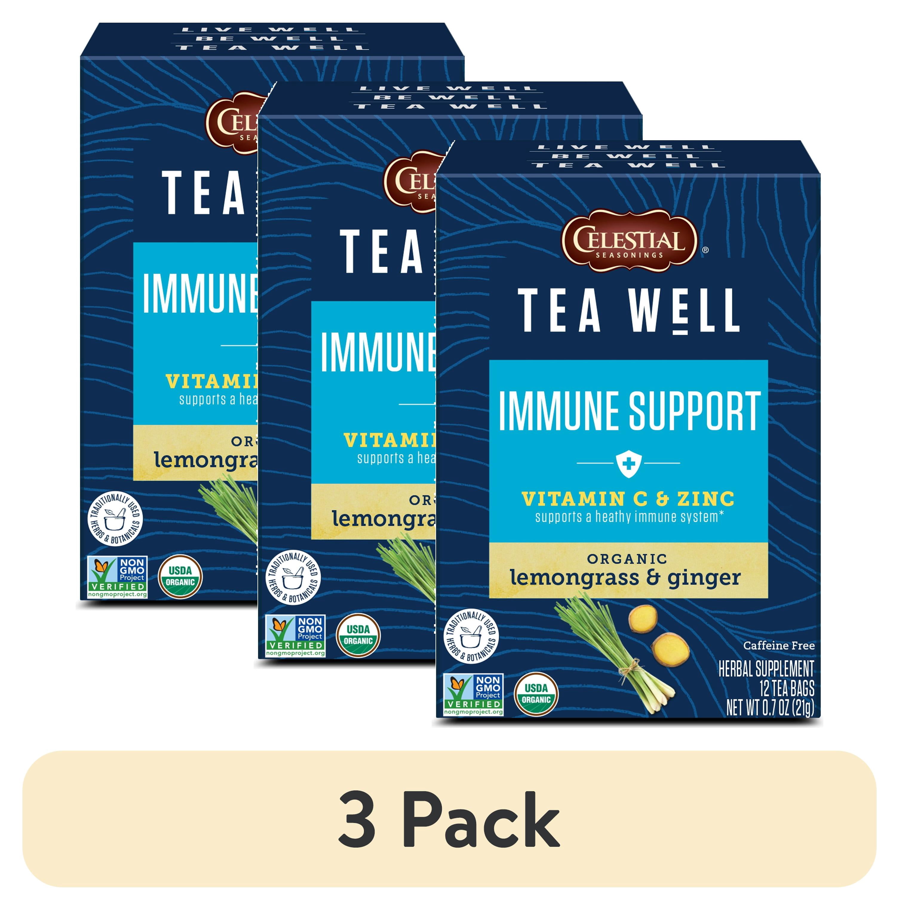 (3 pack) Celestial Seasonings TeaWell Immune Support Organic Lemon Ginger Wellness Herbal Tea Bags, 12 Count