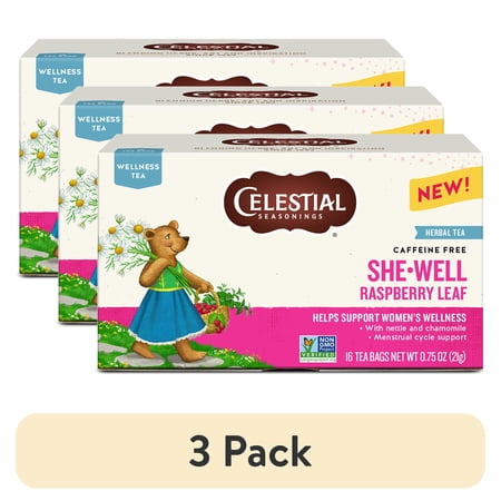(3 pack) Celestial Seasonings Wellness She-Well Raspberry Leaf Herbal Tea Bags (16 Count)