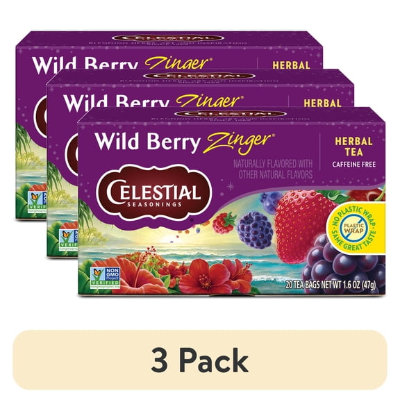 (3 pack) Celestial Seasonings Wild Berry Zinger Caffeine-Free Herbal Tea Bags (20 Count)