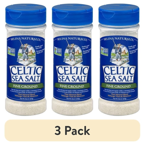 (3 pack) Celtic Sea Salt Fine Ground Kosher Certified Sea Salt, Allergen-Free, 8 oz Shaker