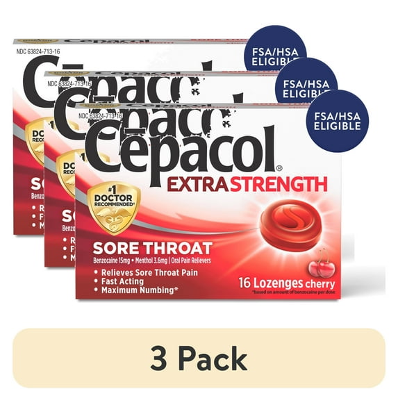 (3 pack) Cepacol Maximum Strength Sore Throat Drop Lozenges, Cherry, 16 Count