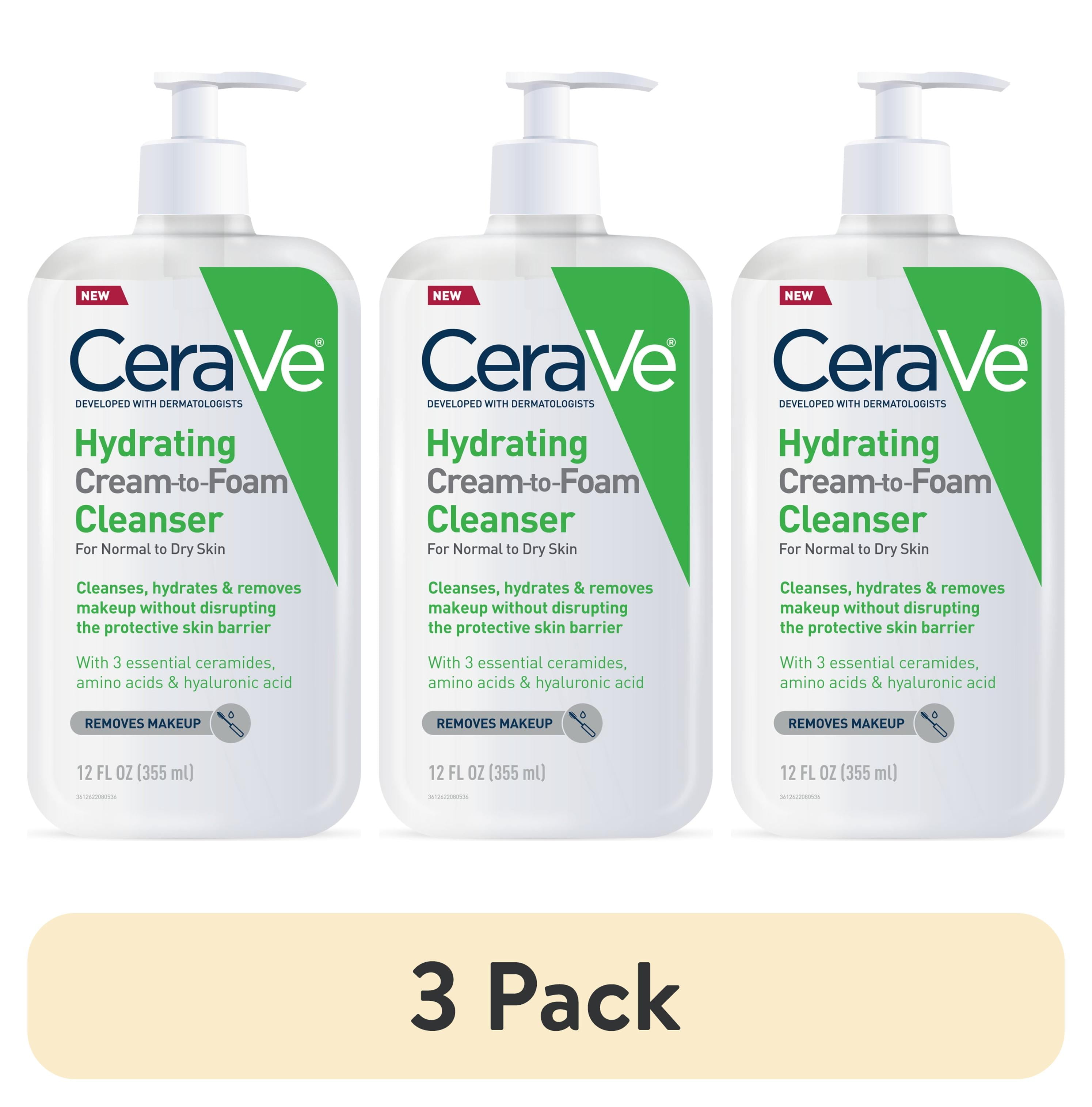 (3 pack) CeraVe Face Wash Hydrating Cream-to-Foam Cleanser Makeup Remover Hyaluronic Acid Fragrance Free 12 fl oz