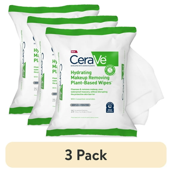 (3 pack) CeraVe Hydrating Makeup Removing Plant-Based Wipes, 25 Count