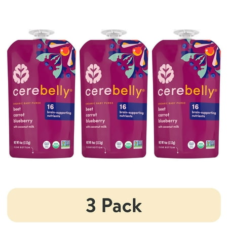 (3 pack) Cerebelly Organic Stage 2 Beet Carrot Blueberry with Coconut Milk Baby Food, 4 oz Puree