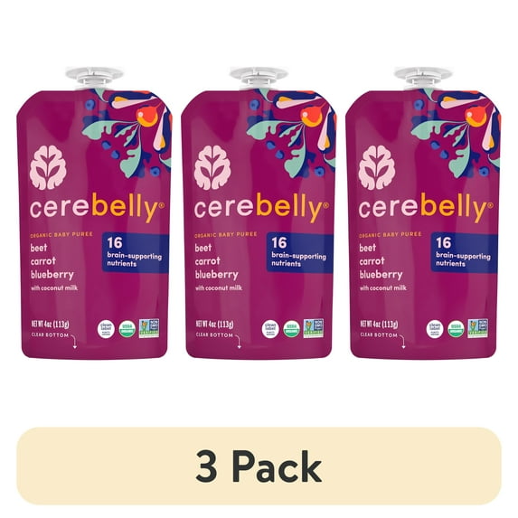 (3 pack) Cerebelly Organic Stage 2 Beet Carrot Blueberry with Coconut Milk Baby Food, 4 oz Puree