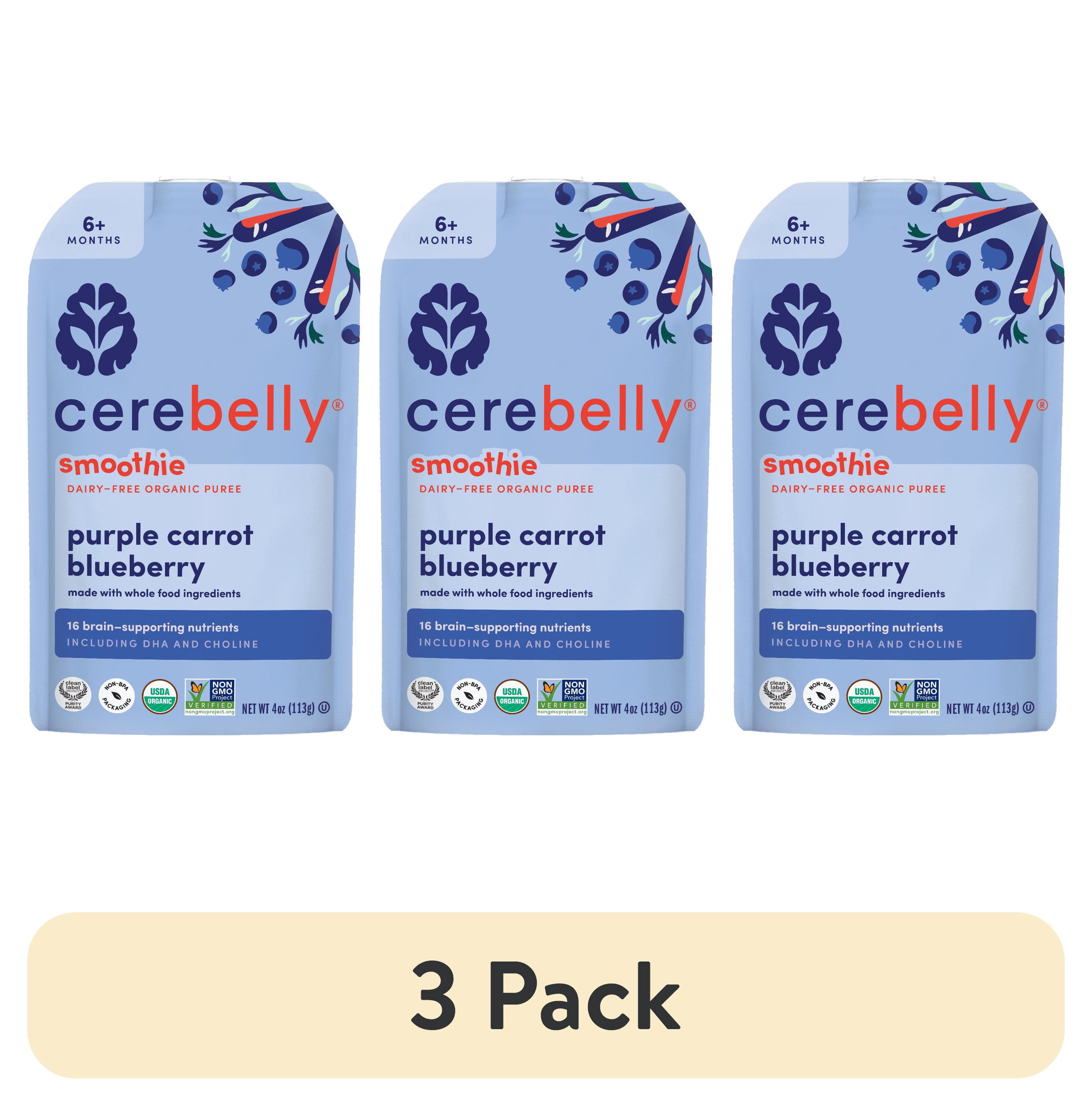 (3 pack) Cerebelly Organic Stage 2 Purple Carrot Blueberry Smoothie Baby Food, 4 oz Pouch