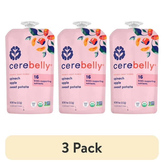 (3 pack) Cerebelly Organic Stage 2 Spinach Apple Sweet Potato Baby Food, 4 oz Puree