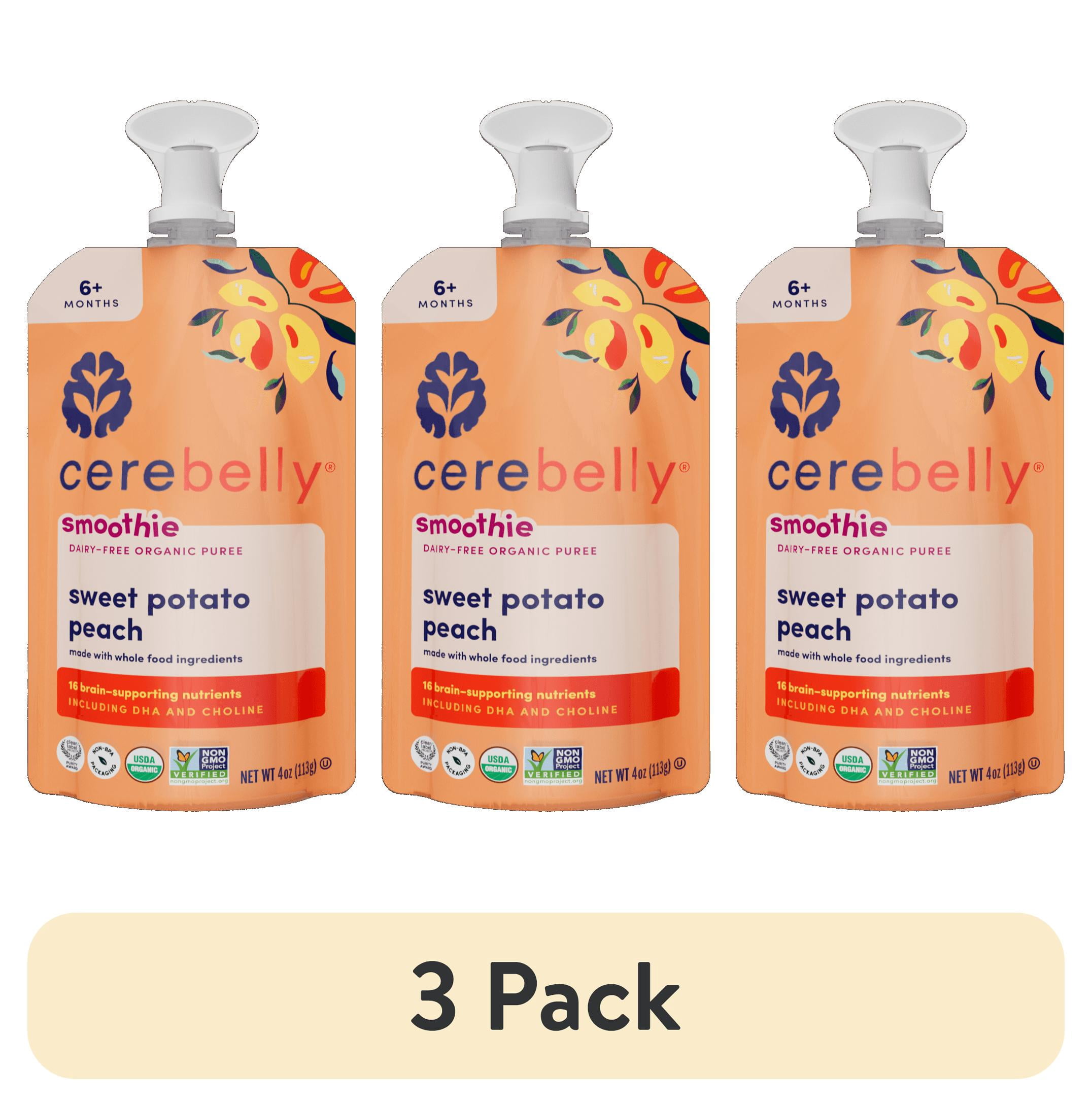 (3 pack) Cerebelly Organic Stage 2 Sweet Potato Peach Smoothie Baby Food, 4 oz Pouch