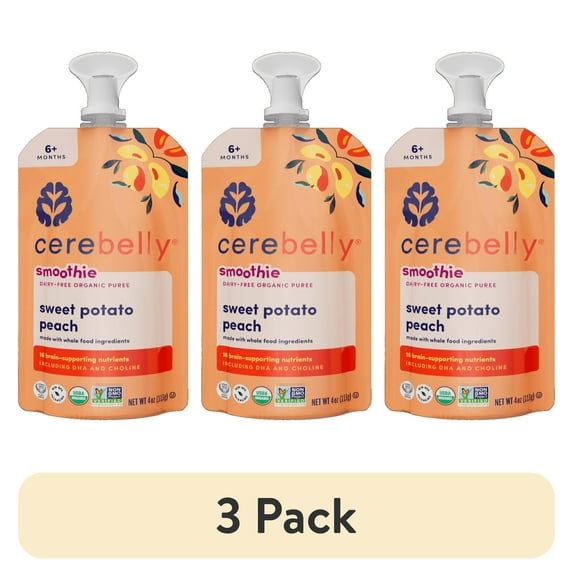 (3 pack) Cerebelly Organic Stage 2 Sweet Potato Peach Smoothie Baby Food, 4 oz Pouch
