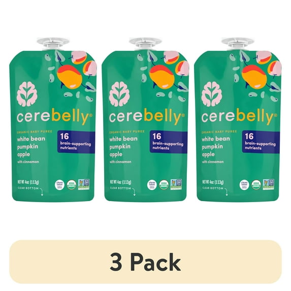 (3 pack) Cerebelly Organic Stage 2 White Bean Pumpkin Apple Baby Food, 4 oz Puree