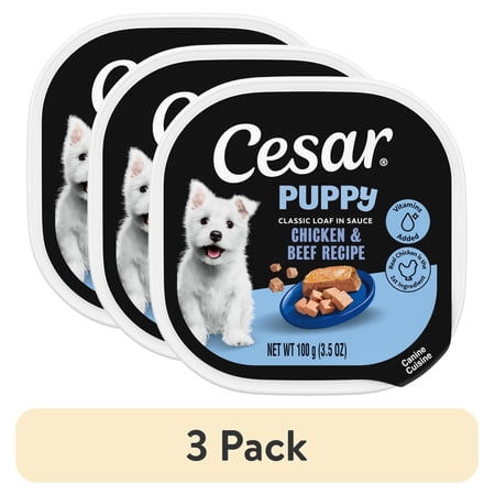 (3 pack) Cesar Classic Loaf In Sauce Chicken And Beef Recipe Wet Dog Food For Puppies, 3.5 Oz Tray