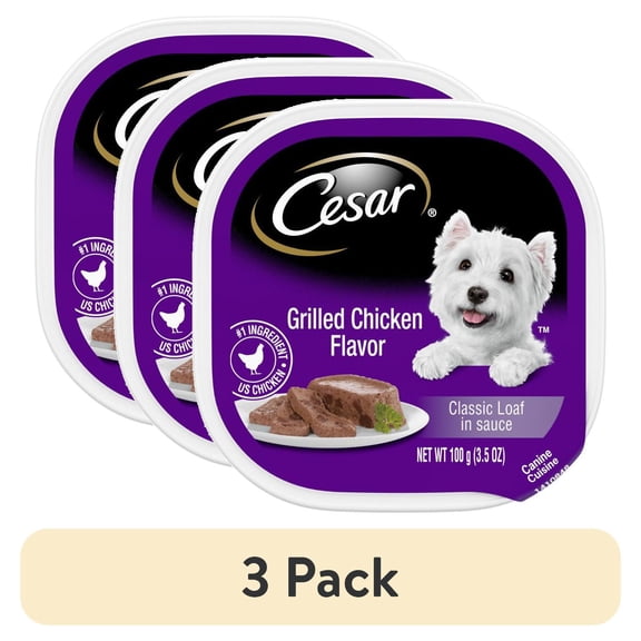 (3 pack) Cesar Classic Loaf in Sauce Wet Dog Food Grilled Chicken Flavor, 3.5 oz. Easy Peel Trays, 24 Count