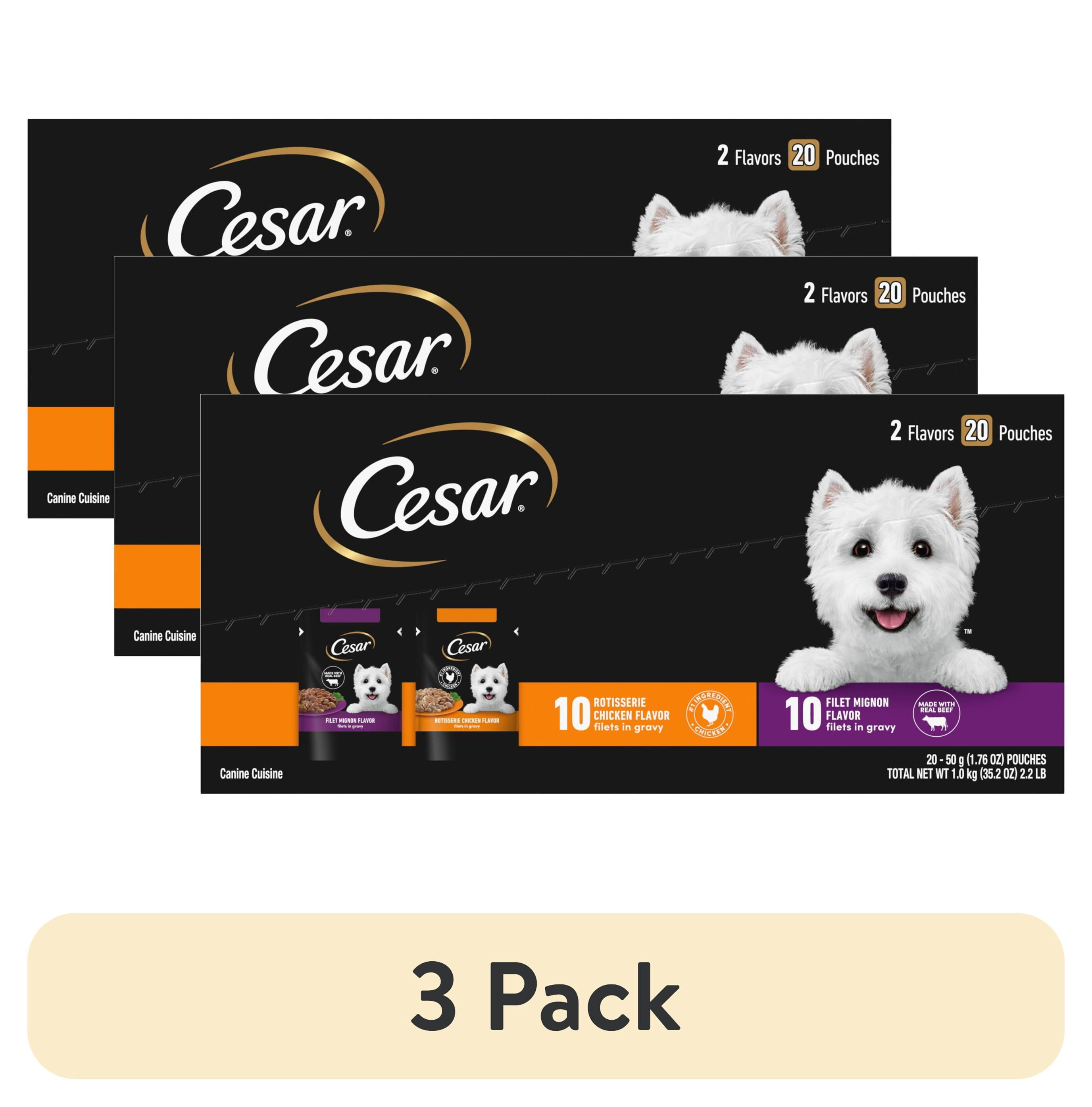 (3 pack) Cesar Filets In Gravy Beef And Chicken Flavors Wet Dog Food, 1.76 Oz Mini-Pouches, 20 Ct