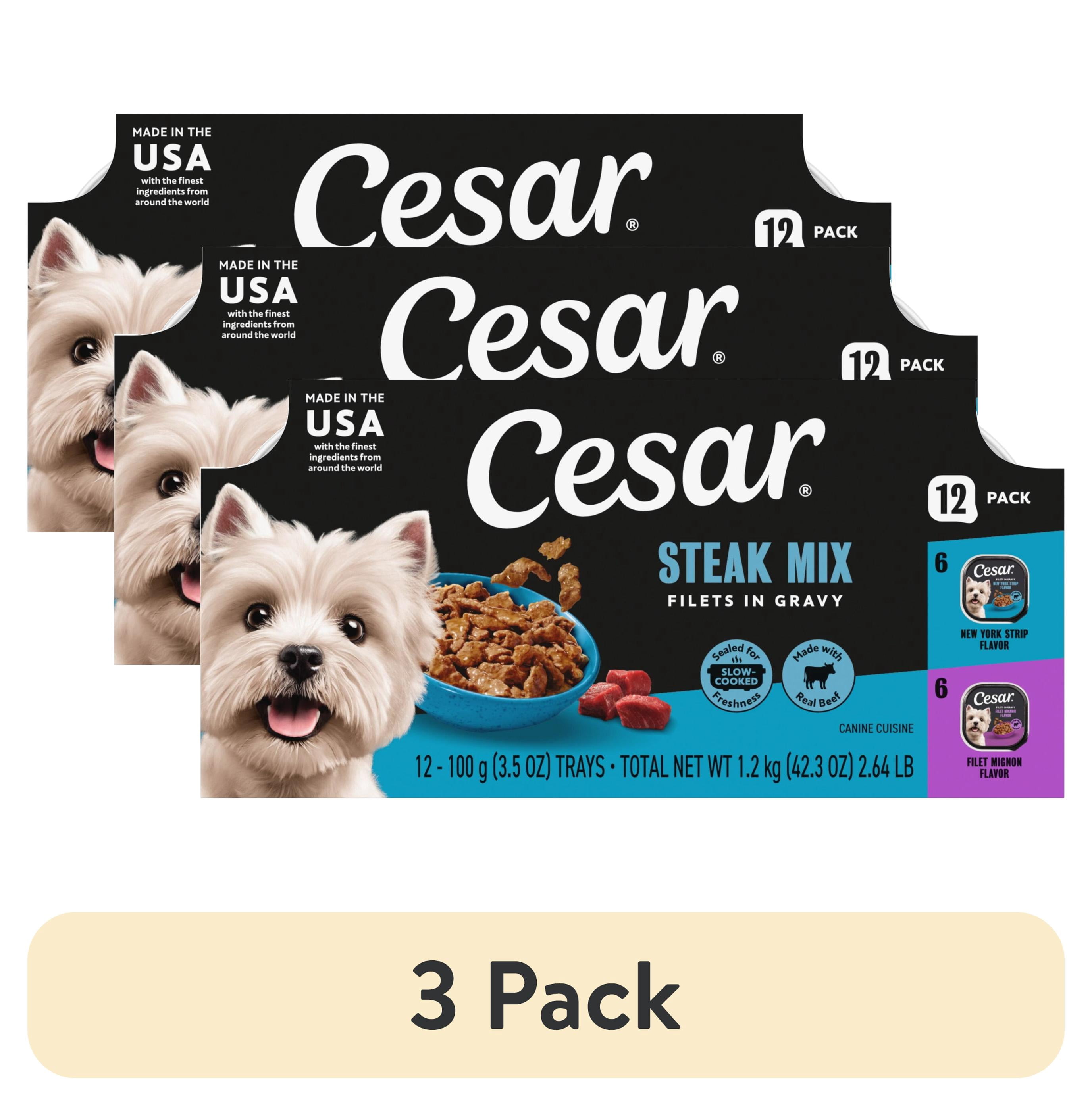 (3 pack) Cesar Filets in Gravy Beef Flavor Variety Pack Wet Dog Food Adult, 3.5 oz Easy Peel Trays, 12 Pack