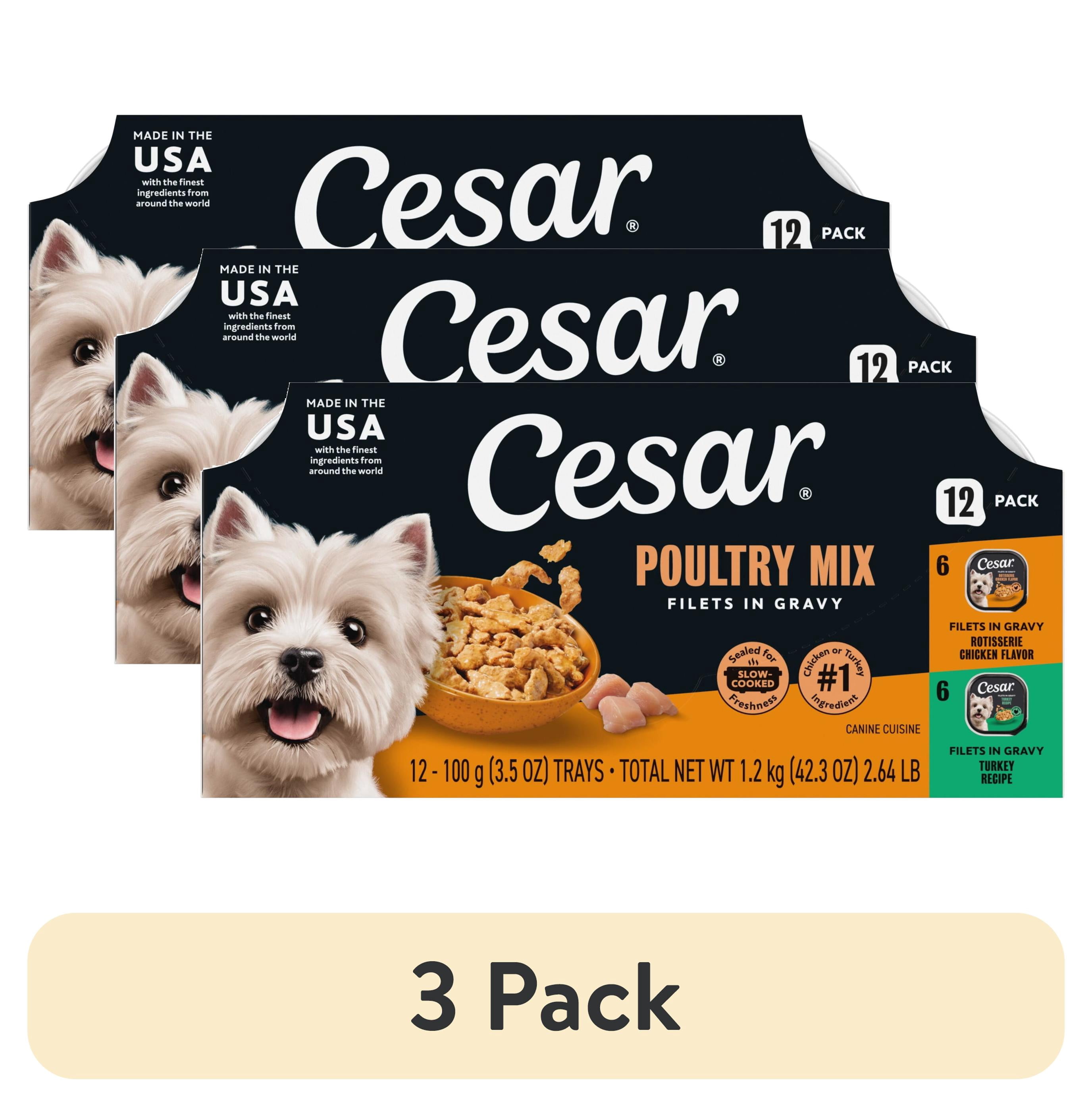 (3 pack) Cesar Filets in Gravy Poultry Flavor Variety Pack Wet Dog Food, 3.5 oz Easy Peel Trays, 12 Count