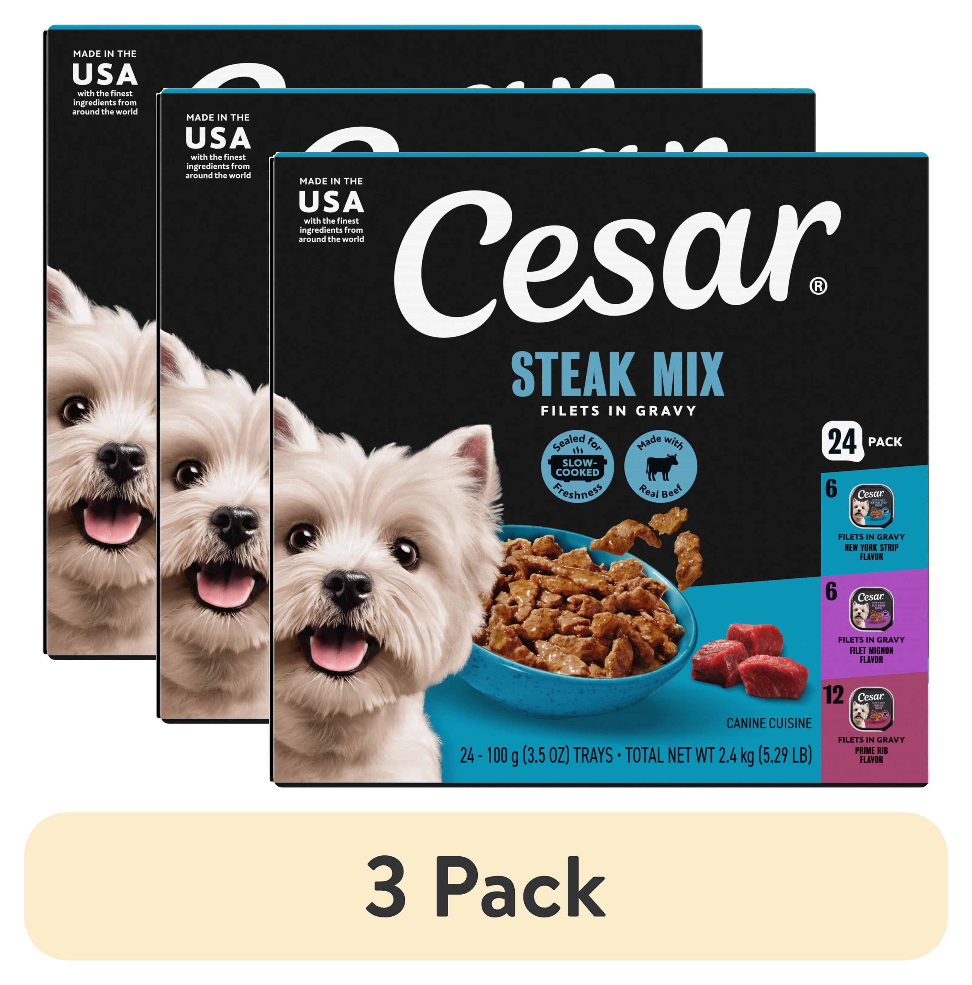 (3 pack) Cesar Filets in Gravy Variety Flavors wet Dog Food Adult 3.5 oz Easy Peel Trays 24 Pack