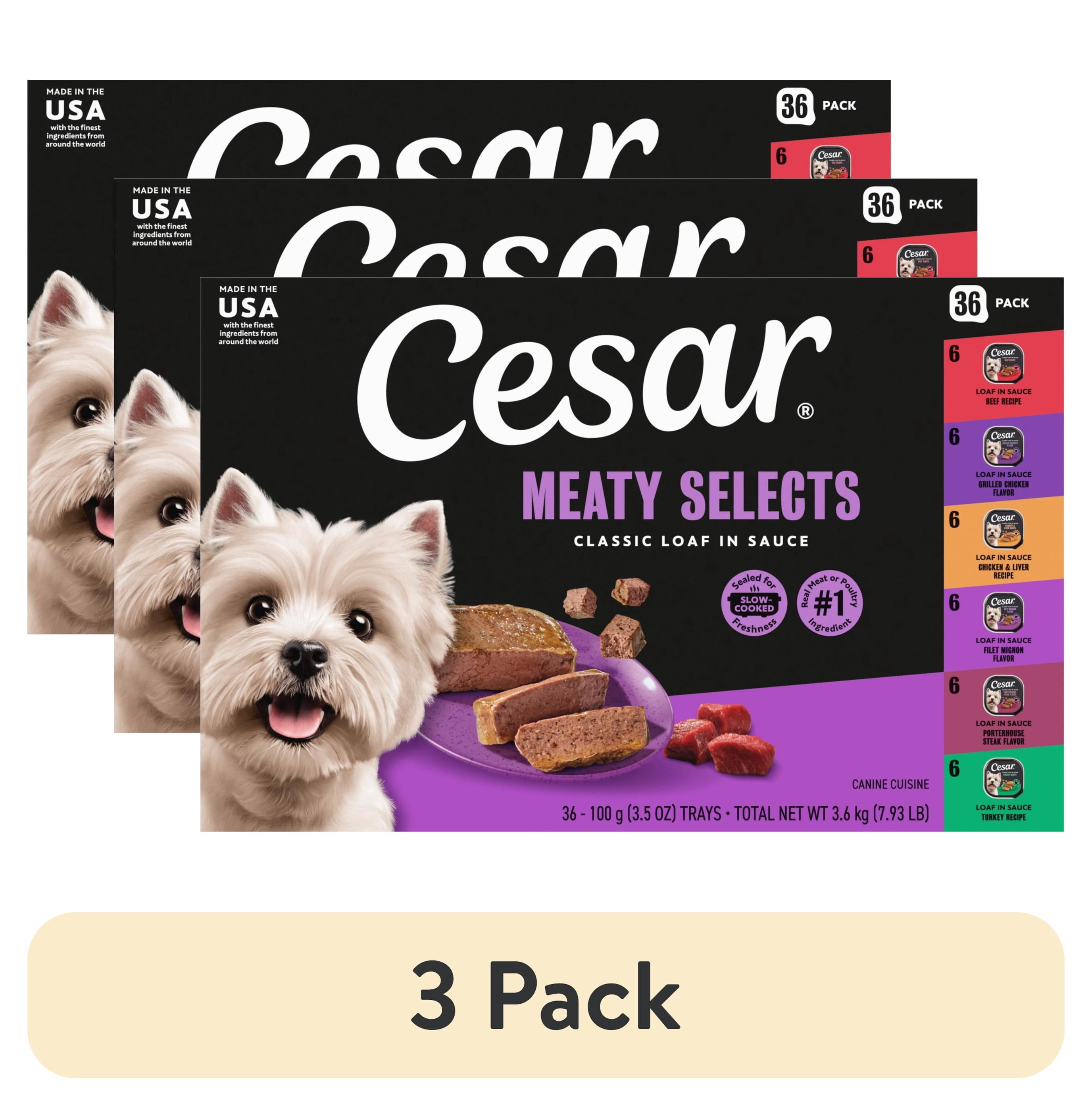 (3 pack) Cesar Loaf in Sauce Poultry and Beef Flavors Adult Wet Dog Food Variety Pack, 3.5 oz Trays, 36 Ct.