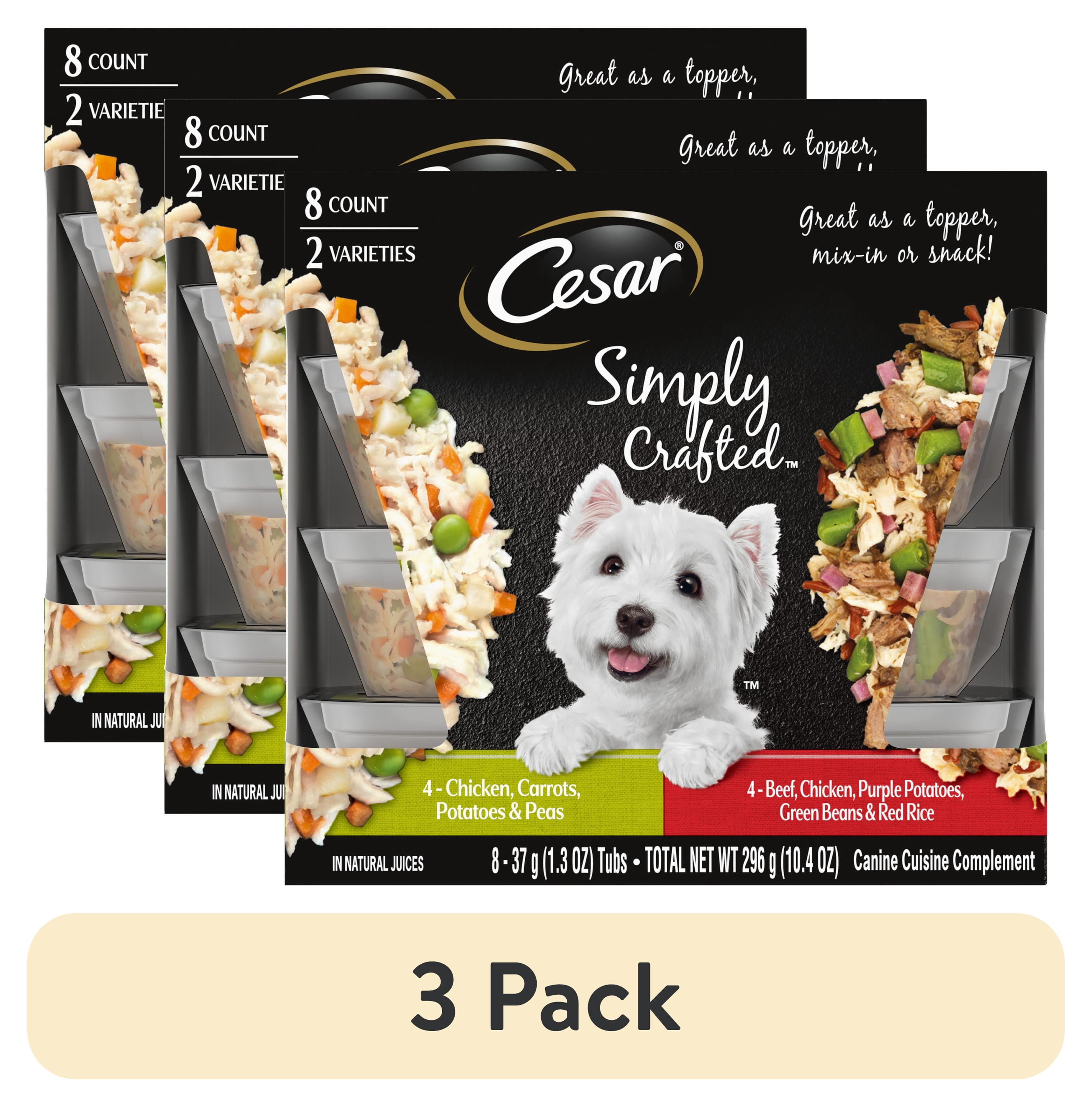 (3 pack) Cesar Simply Crafted Chicken And Beef Recipes Variety Pack Dog Food Toppers, 1.3 Oz Tubs (8 Ct)