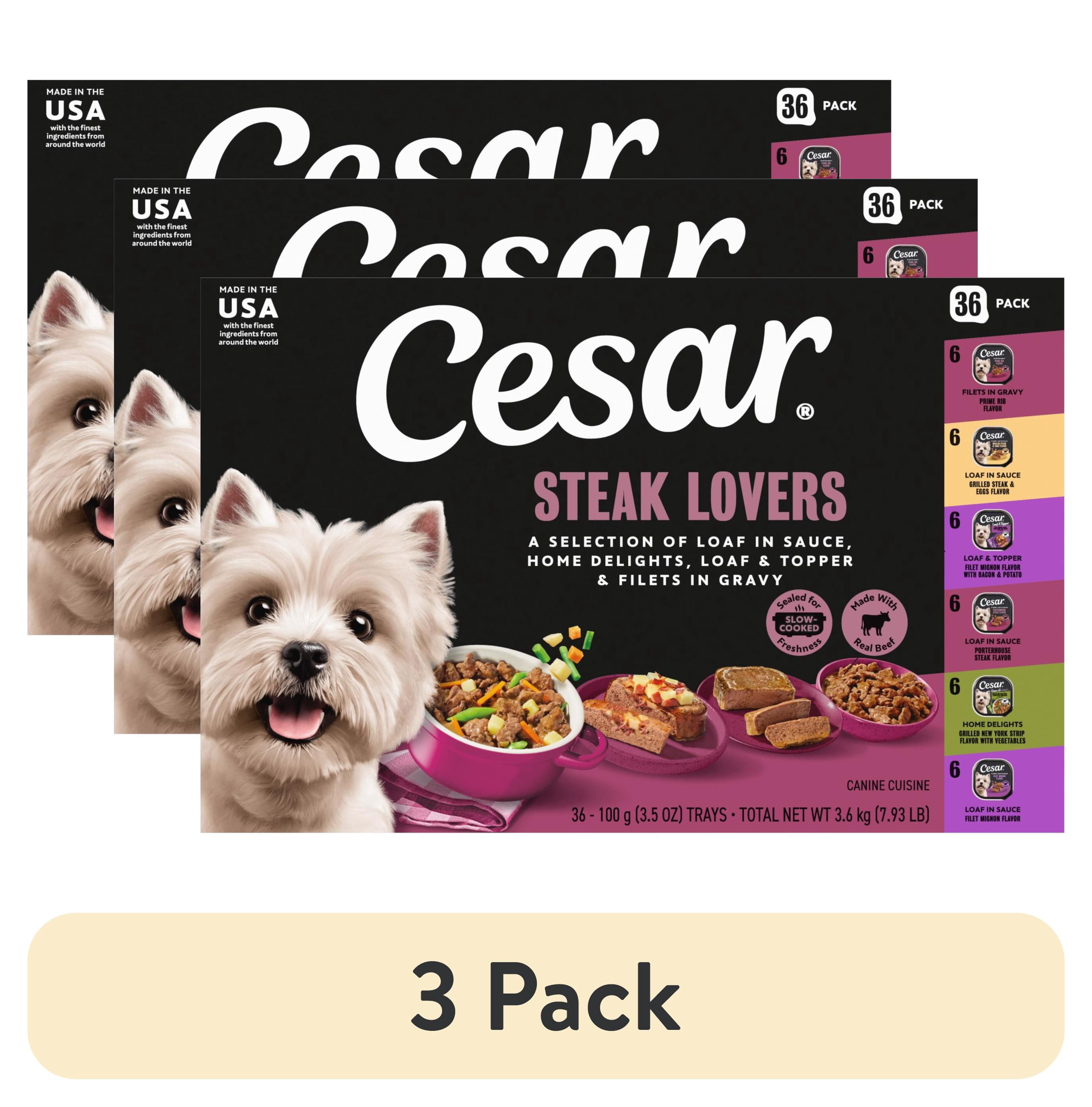 (3 pack) Cesar Wet Dog Food Steak Lovers Variety Pack, Real Meat Wet Food for Dogs, 36 Count