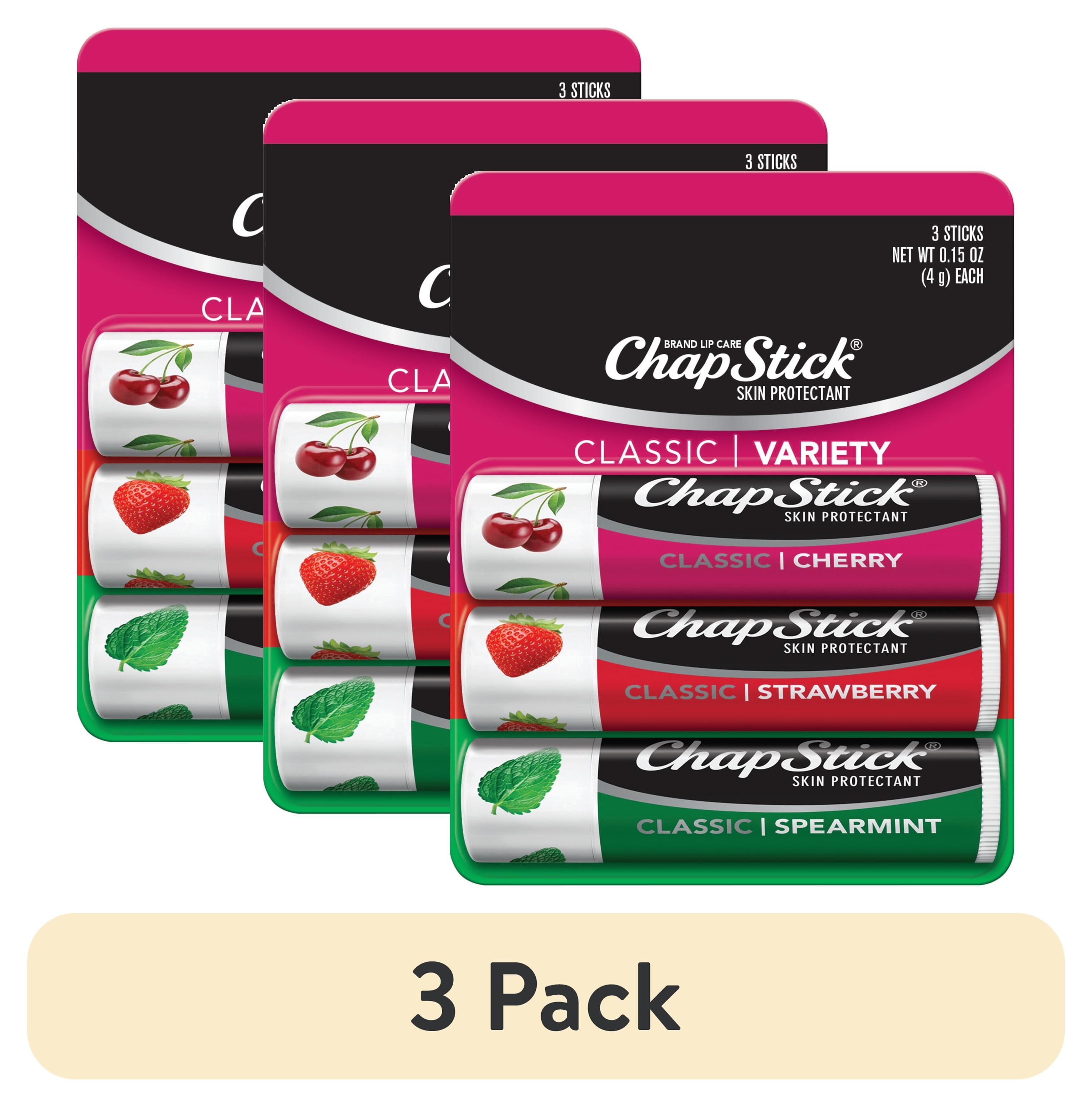 (3 pack) ChapStick Classic Cherry, Spearmint and Strawberry Lip Balm, 0.15 oz, 3 Pack