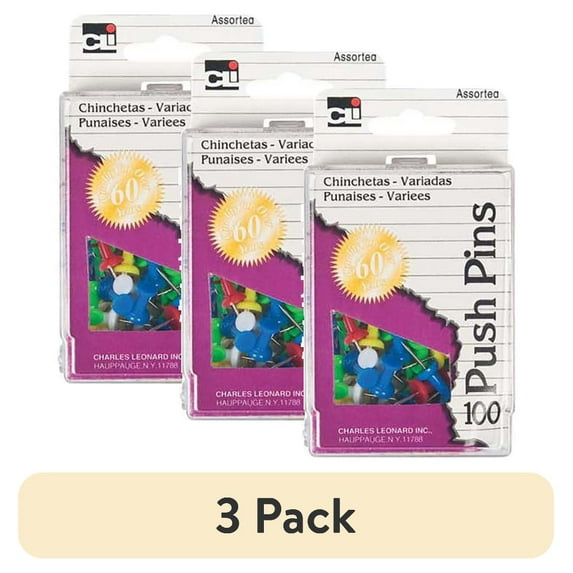 (3 pack) Charles Leonard Push Pins, Assorted Colors, 100 Per Box, 10 Boxes