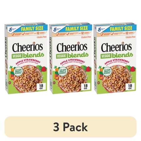 (3 pack) Cheerios Veggie Blends Breakfast Cereal, Apple Strawberry, Family Size, 18 oz