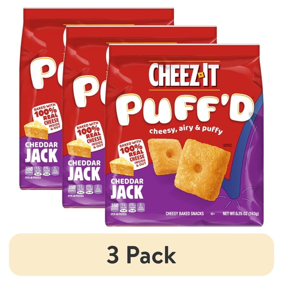 (3 pack) Cheez-It Puff'd Cheddar Jack Cheesy Baked Snacks, Puffed Snack Crackers, 5.75 oz