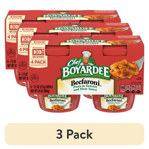 (3 pack) Chef Boyardee Beefaroni in Tomato and Meat Sauce, Microwavable Meal, 7.5 oz. Bowl , 4-Count