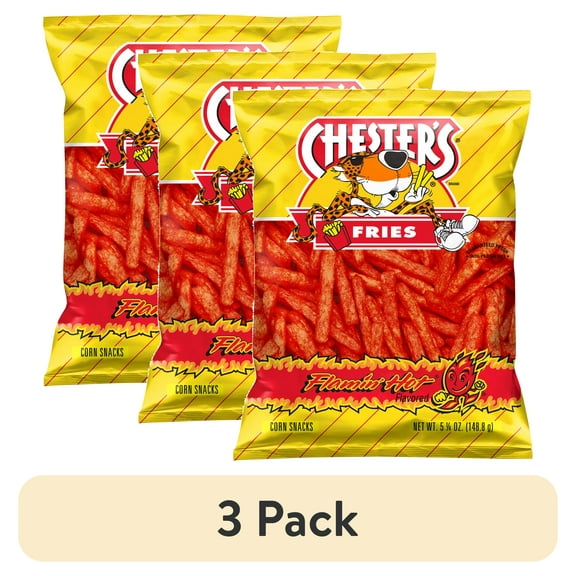 (3 pack) Chester's Fries Flamin' Hot Flavored Corn Snacks, 5.25 oz Bag