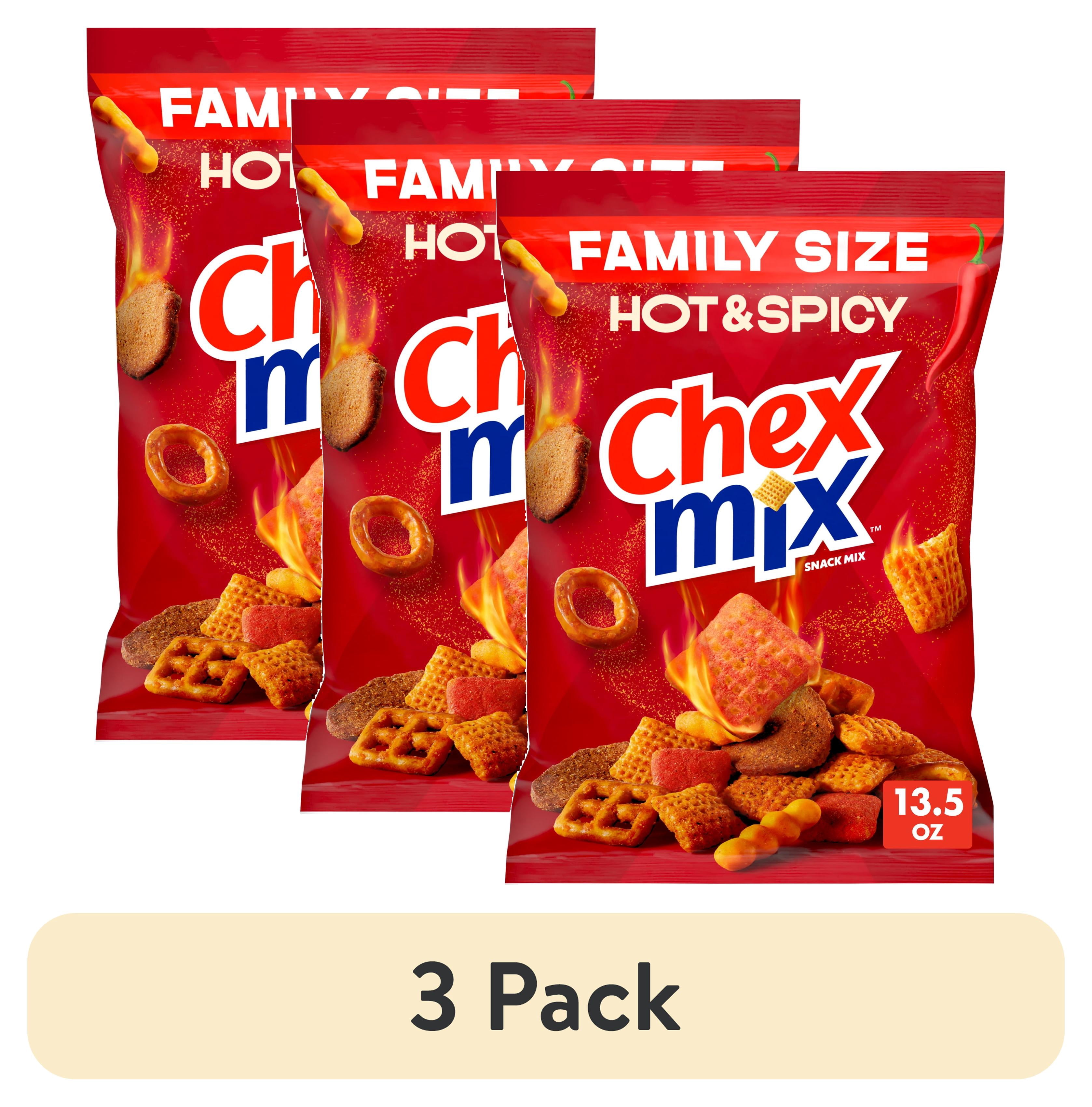 (3 pack) Chex Mix Hot and Spicy Snack Mix, Savory Snack Bag, Family Size, 13.5 oz