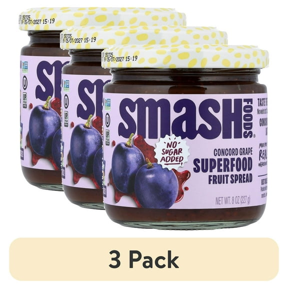 (3 pack) Smash Foods, Grape Jam, No Sugar Added, Low-Calorie, Vegan (1 Jar)