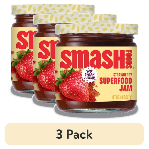 (3 pack) Smash Foods, Strawberry Jam, No Sugar Added, Low-Calorie, Vegan (1 Jar)