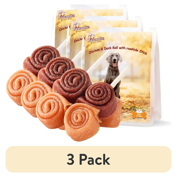 (3 pack) Pawmate Chicken & Duck Roll & Rawhide Stick Dog Treats, Long-Lasting Chews for Medium Large Dogs, 4 Count