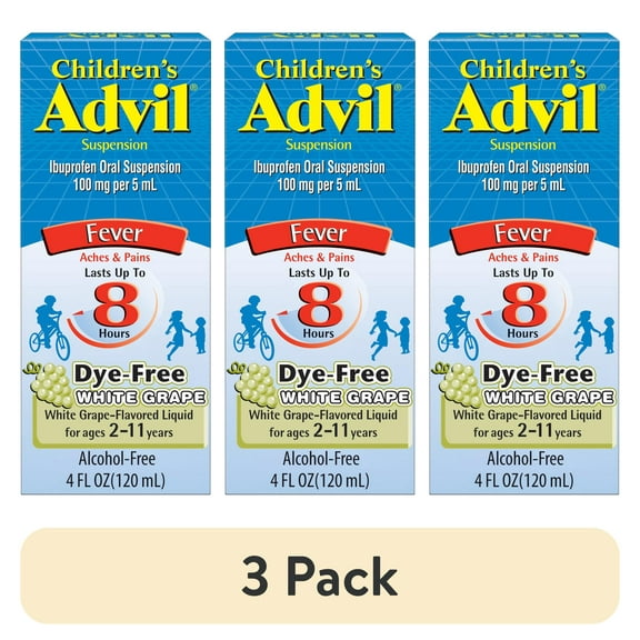 (3 pack) Children's Advil Pain Reliever and Fever Reducer, Dye Free Children's Ibuprofen for Pain Relief, White Grape - 4 Fl Oz