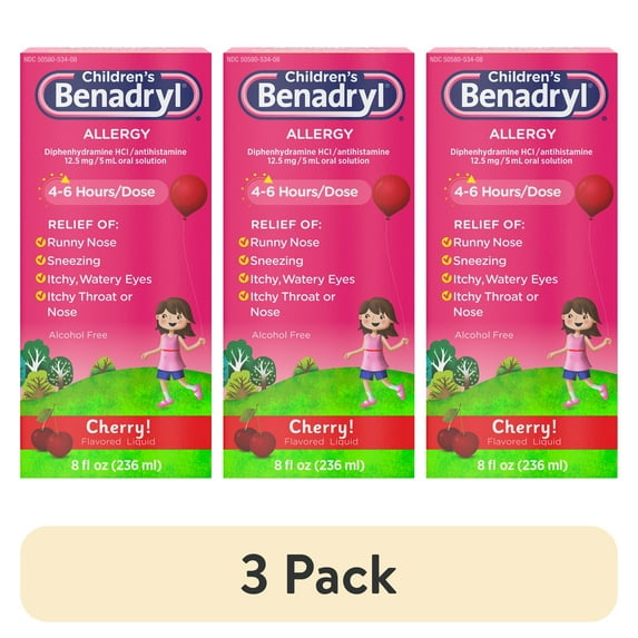 (3 pack) Children's Benadryl Allergy Relief Liquid, Cherry Flavor, 8 fl. oz